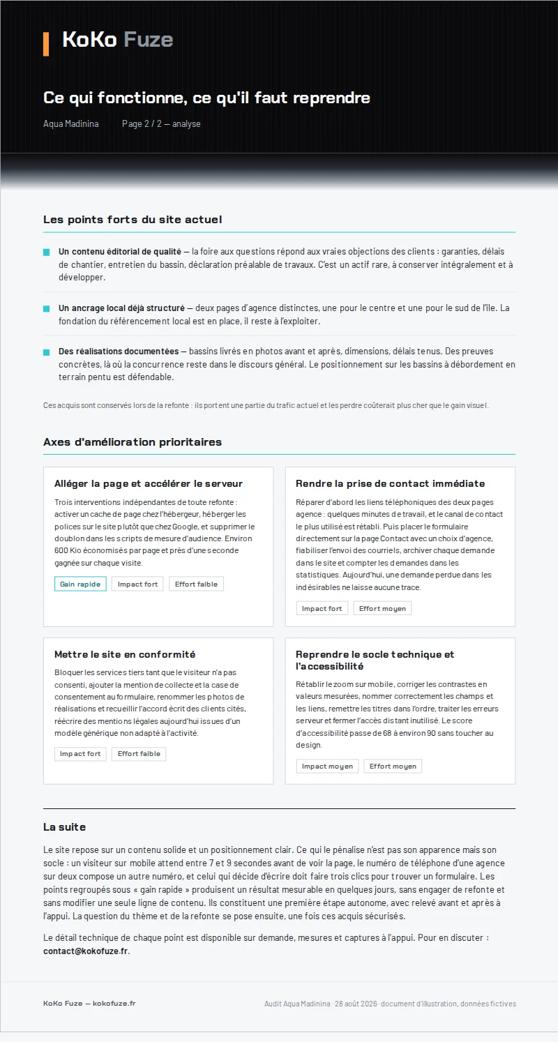Page 2 du même rapport : points forts du site, quatre axes d'amélioration prioritaires et la suite proposée.
