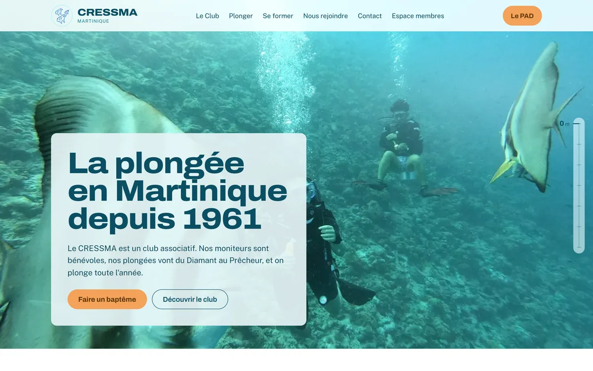 Le site du Cressma sur ordinateur : la page d'accueil avec le menu de navigation et l'agenda des prochaines sorties du club.