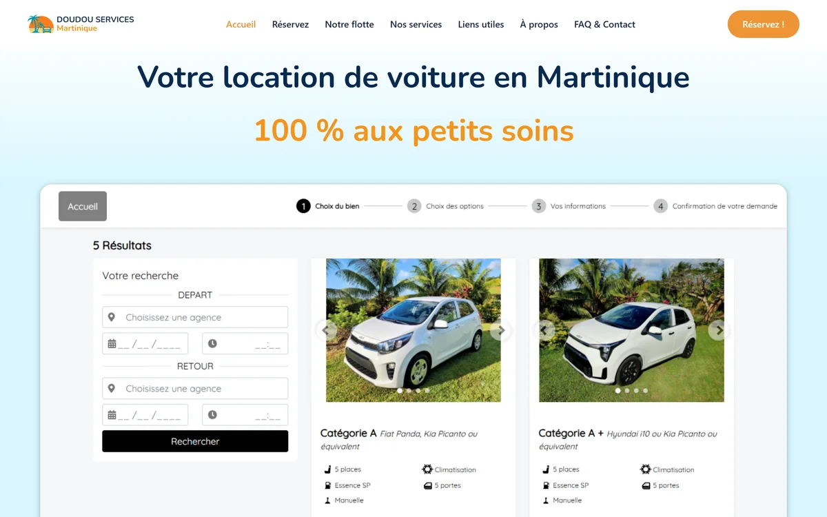 Le site de Doudou Services sur ordinateur : le titre « Votre location de voiture en Martinique », puis le catalogue des véhicules avec ses filtres de recherche à gauche et les fiches des voitures disponibles.