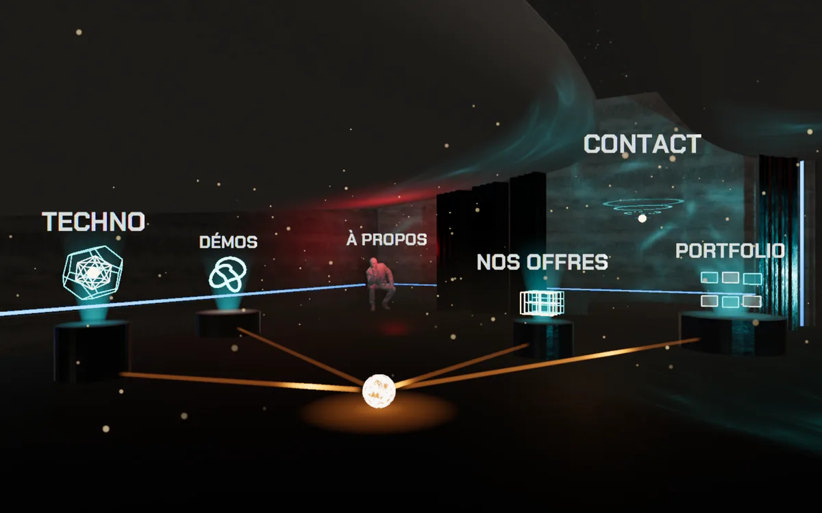 La salle de navigation du site sur ordinateur : les six titres des rubriques flottent en néon turquoise dans un studio sombre, éclairé par le haut.