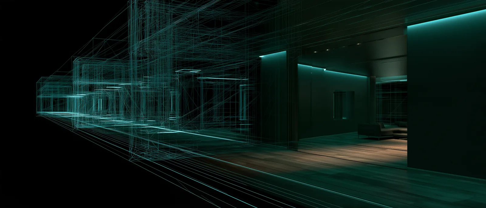 Une pièce vue en perspective : à gauche, la maille de fils cyan qui la décrit en volume ; à droite, la même pièce rendue, murs mats, parquet et lumière rasante.