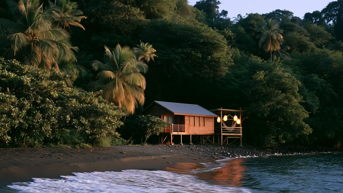 Bungalow en bois sur pilotis au bord du sable noir, lanternes allumées au crépuscule