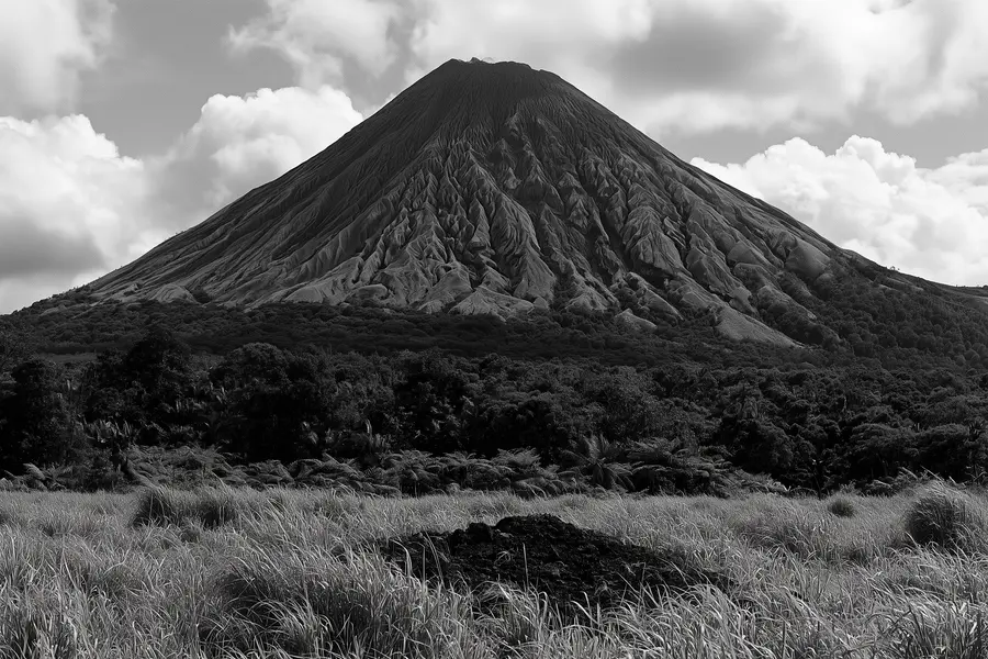 Le cône de la Pelée au-dessus d’une ceinture de forêt tropicale.
