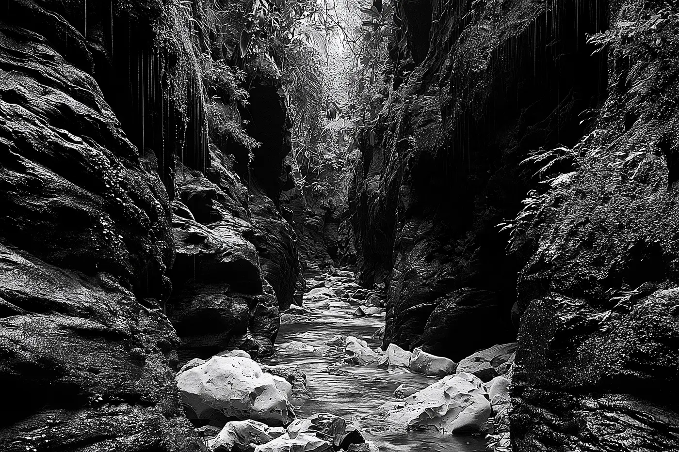 Une ravine encaissée dans la roche volcanique, l’eau courant sur des blocs clairs entre deux parois sombres.